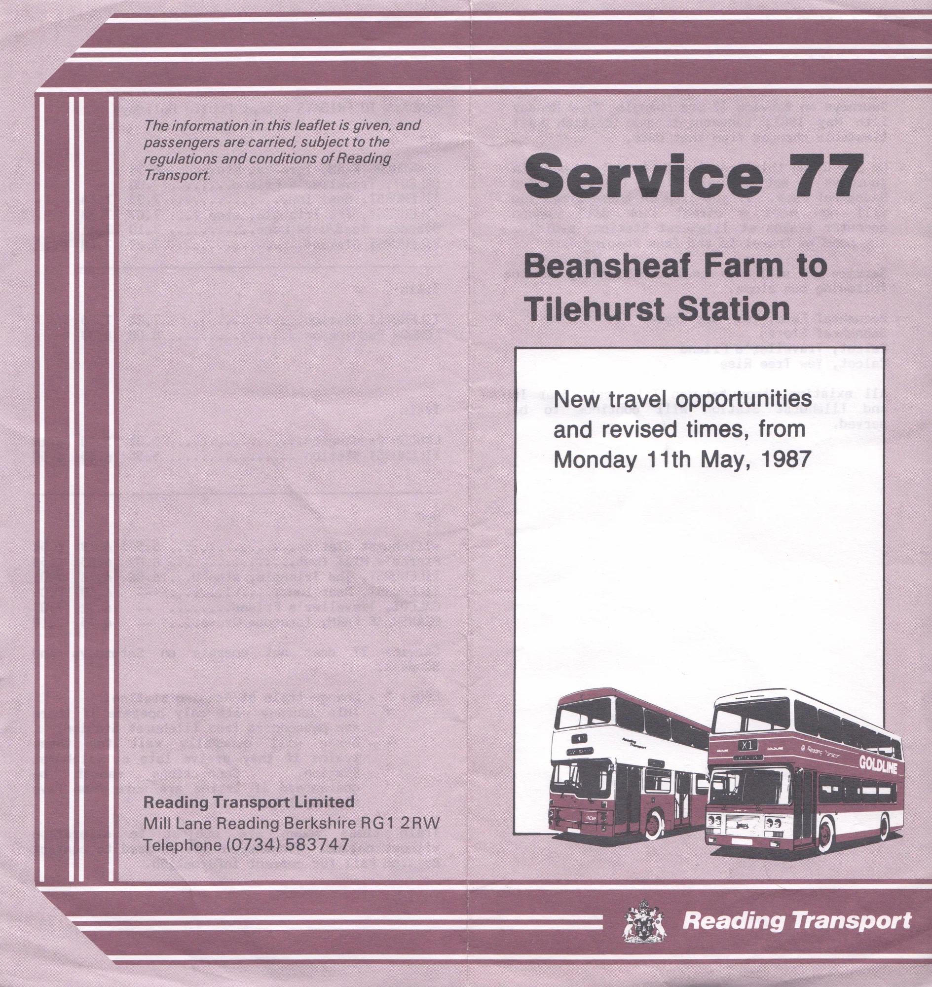 Cover of a pink Reading Transport leaflet headed Service 77, Beansheaf Farm to Tilehurst Station, with a line drawing of two buses.