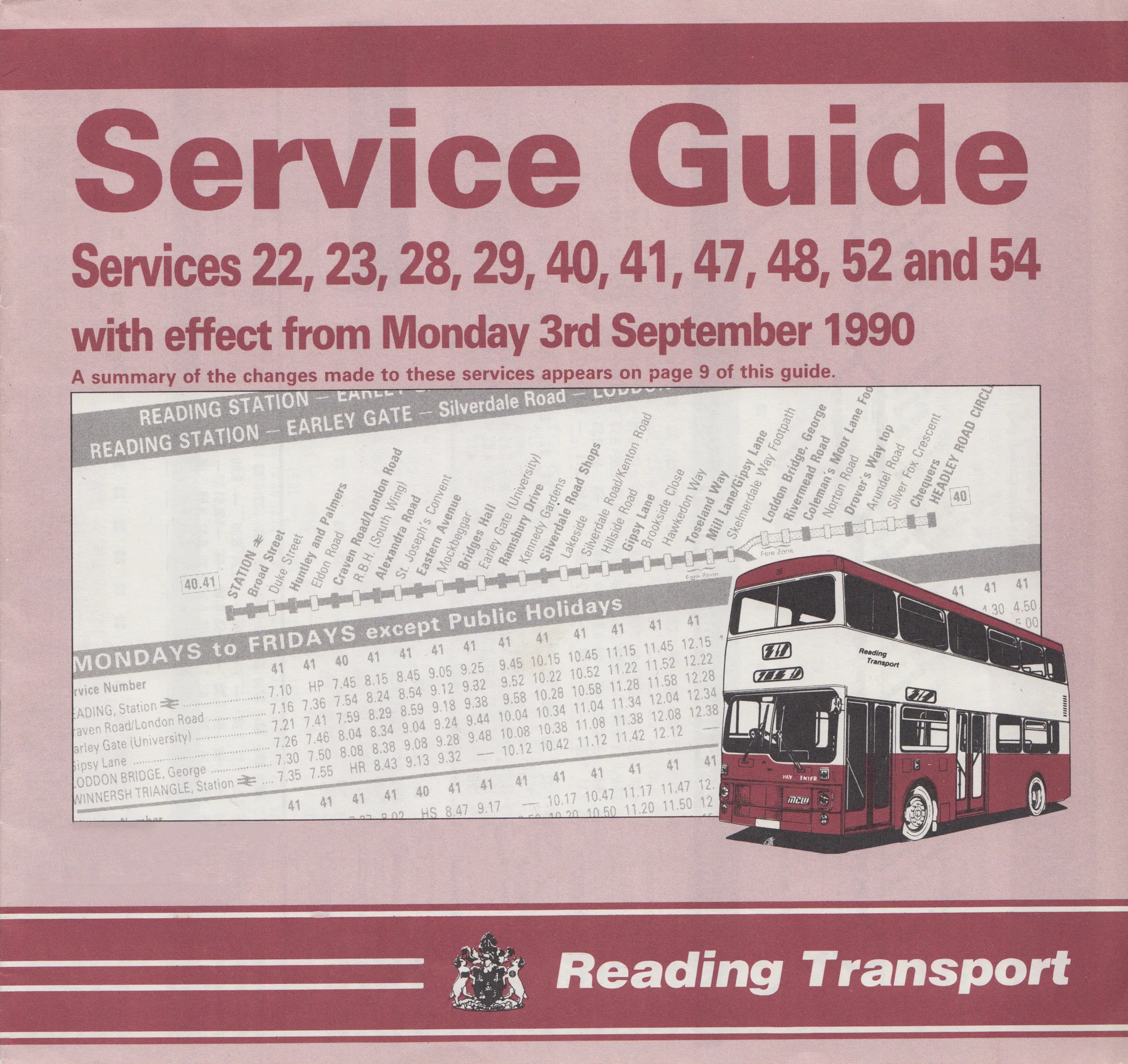 Cover of a maroon Reading Transport service guide for routes 22, 23, 28, 29, 40, 41, 47, 48, 52 and 54, with a typewritten table behind a photograph of a double-decker bus.