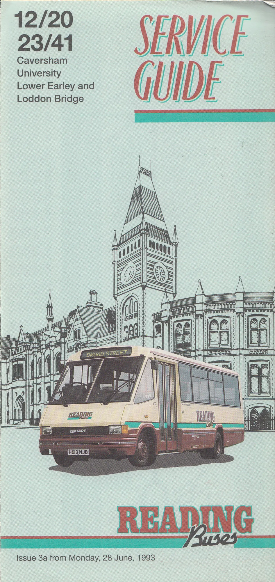 Tall teal Reading Buses service guide cover with the route numbers 12, 20, 23 and 41 at the top left and a drawing of a bus in front of Reading Town Hall.