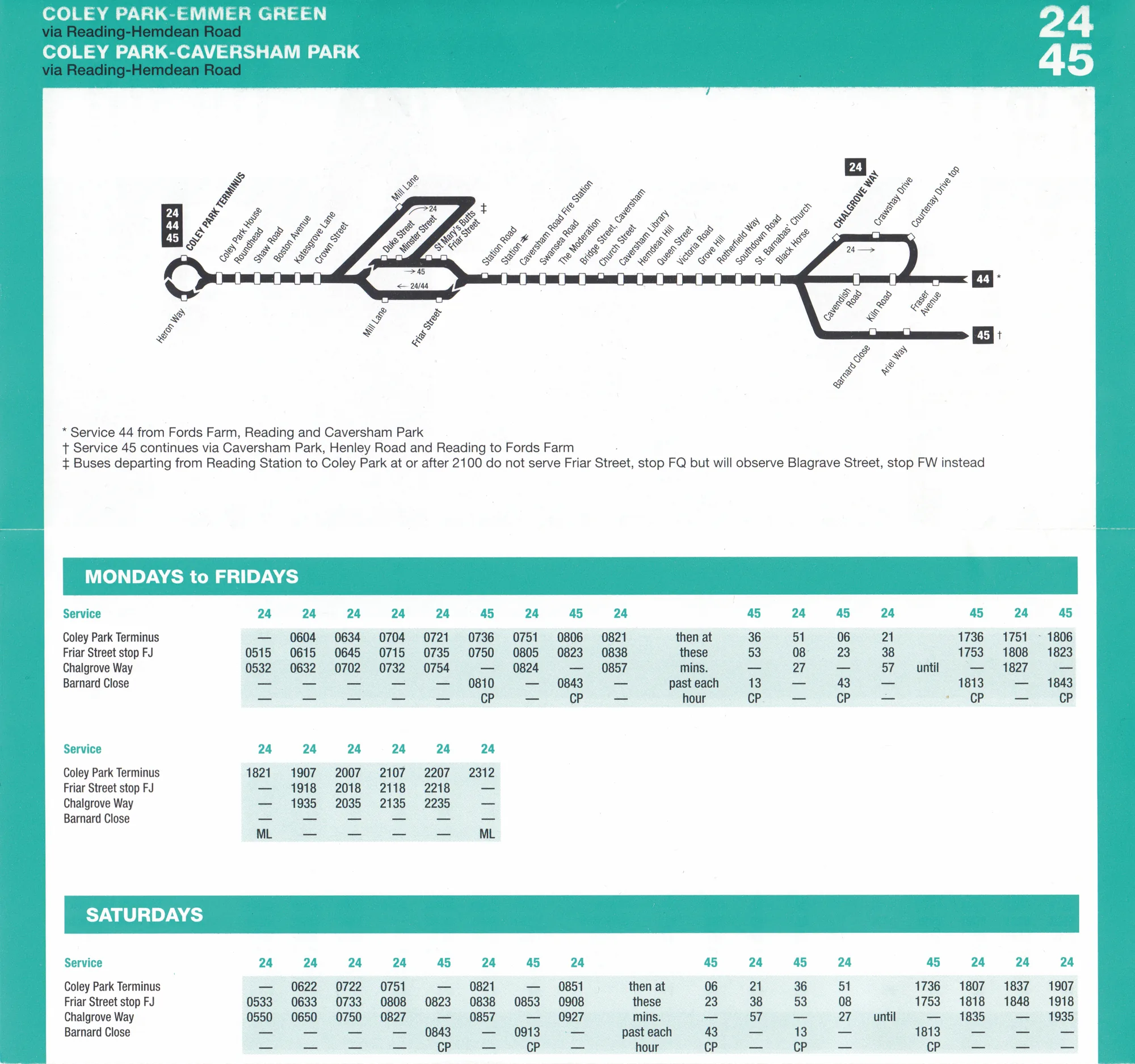 Interior page with a teal border: a straight-line route map with angled stop names above Monday to Friday and Saturday timetables headed in teal bands.