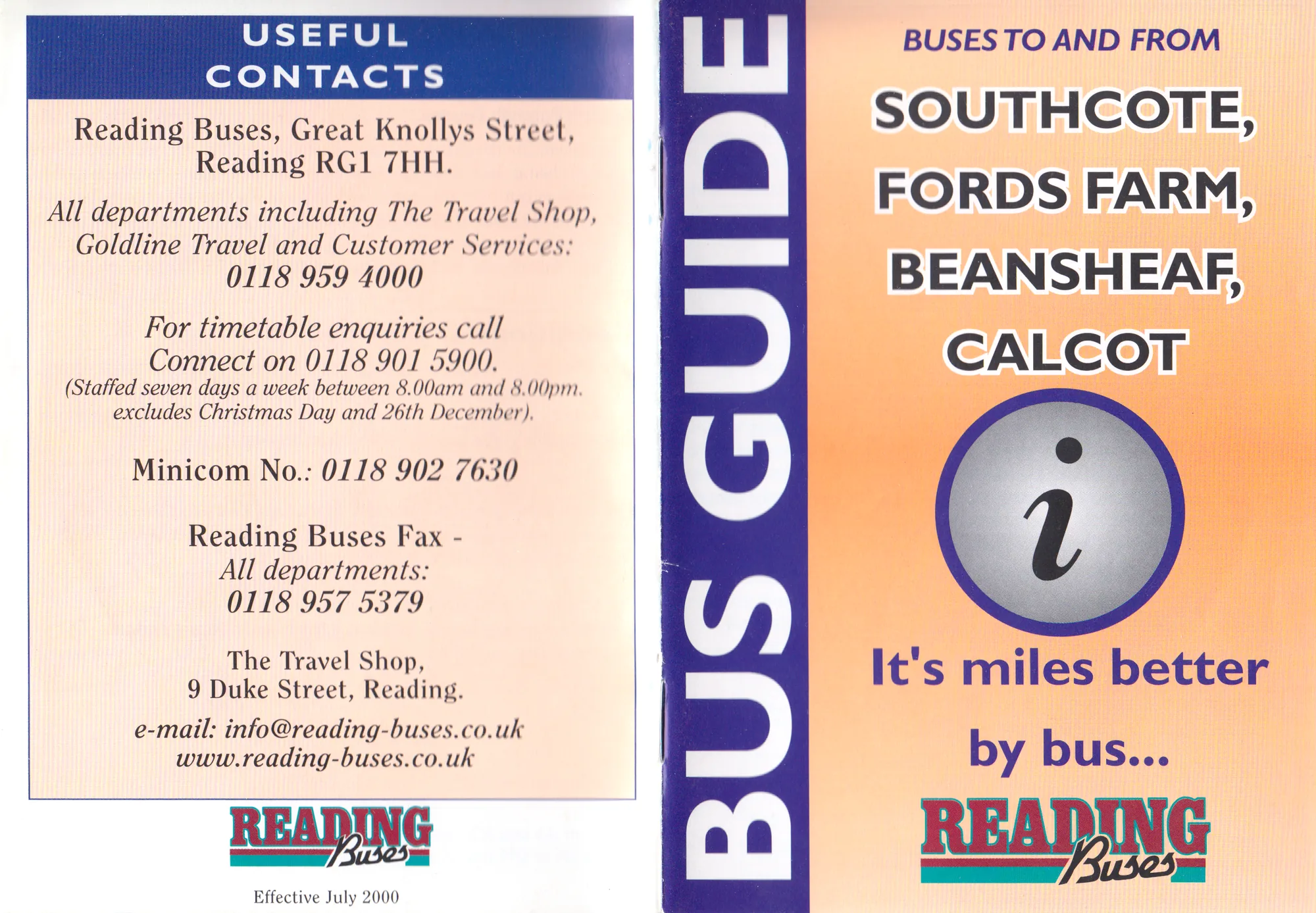 Orange and purple Bus Guide booklet: useful contacts on the back cover and, on the front, the areas it covers – Southcote, Fords Farm, Beansheaf, Calcot – with no route numbers.