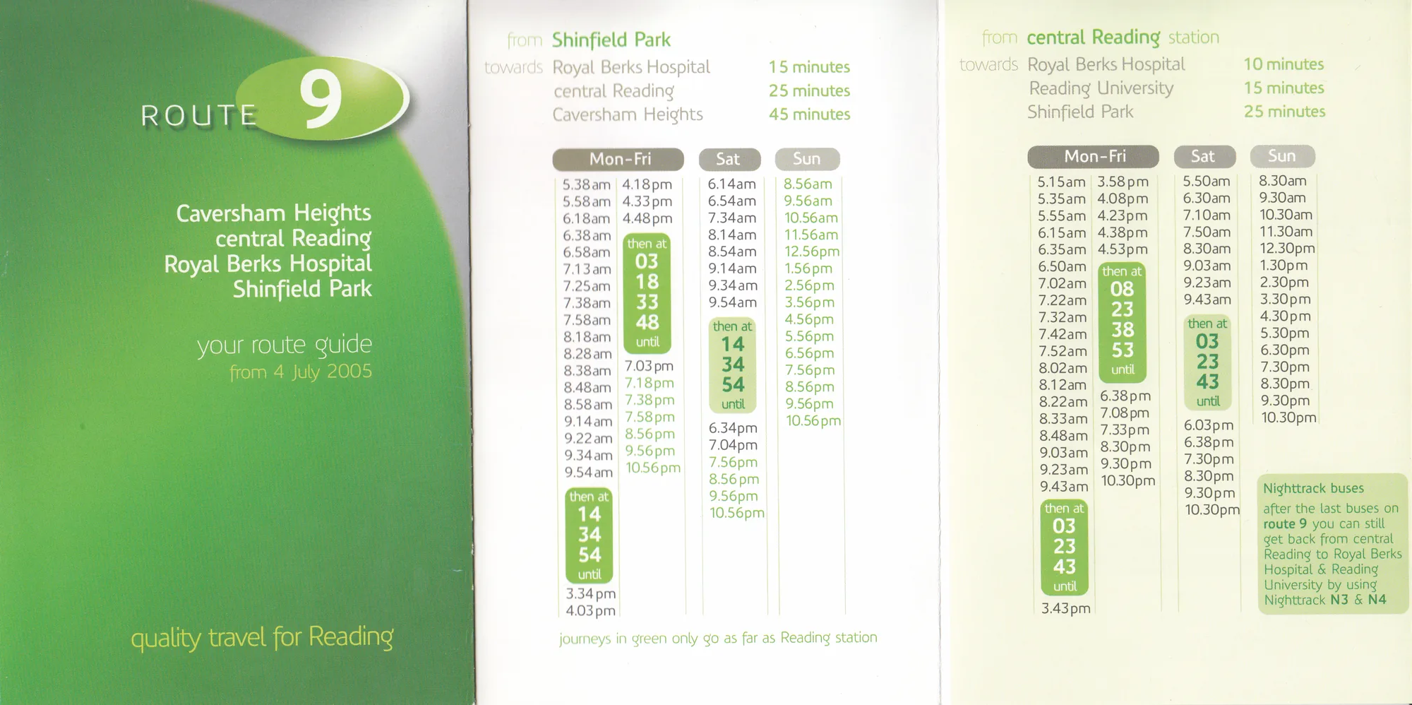 Green route 9 leaflet opened out: the cover lists Caversham Heights, Central Reading, Royal Berks Hospital and Shinfield Park, beside timetable panels with green day headings.