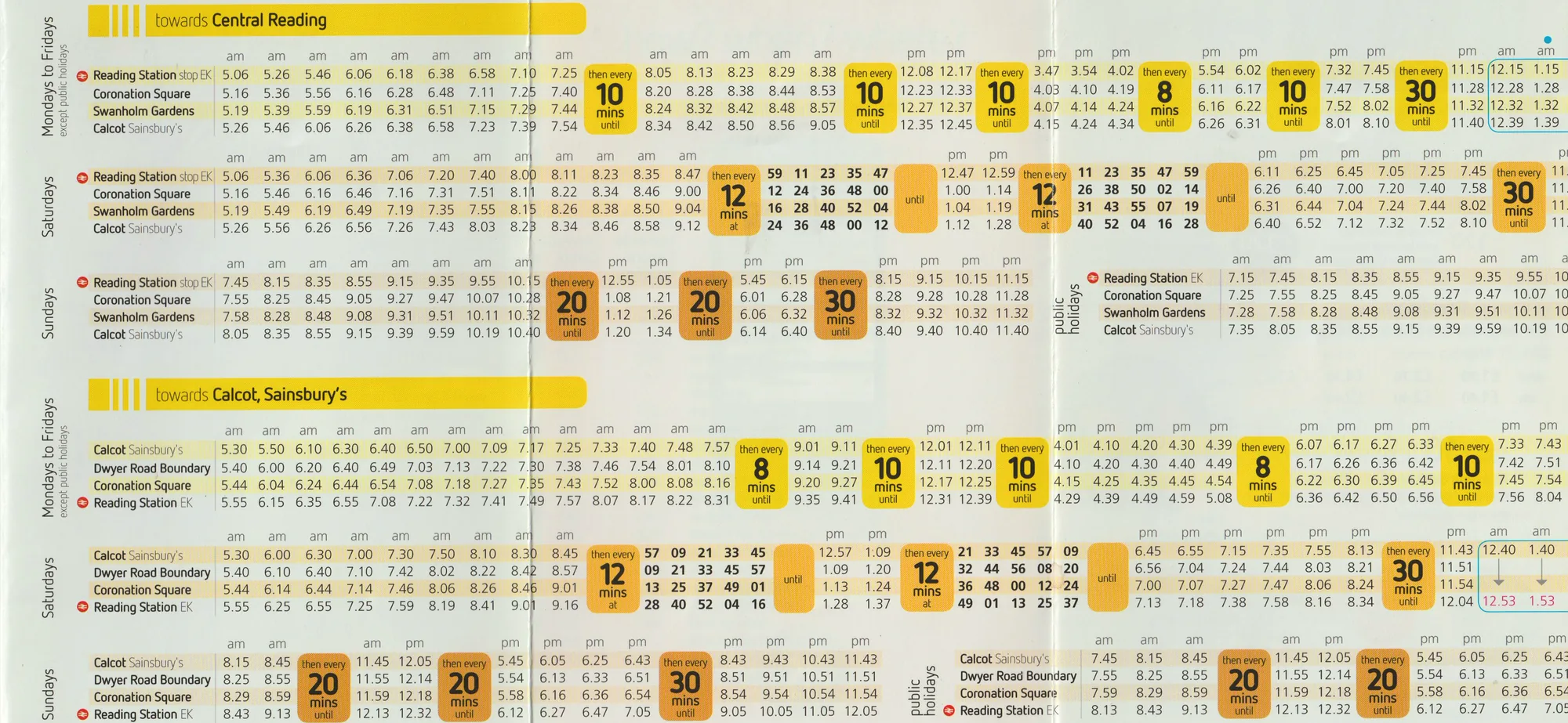 A wide yellow timetable spread with many rows of stops and columns of times, with times picked out in yellow boxes.
