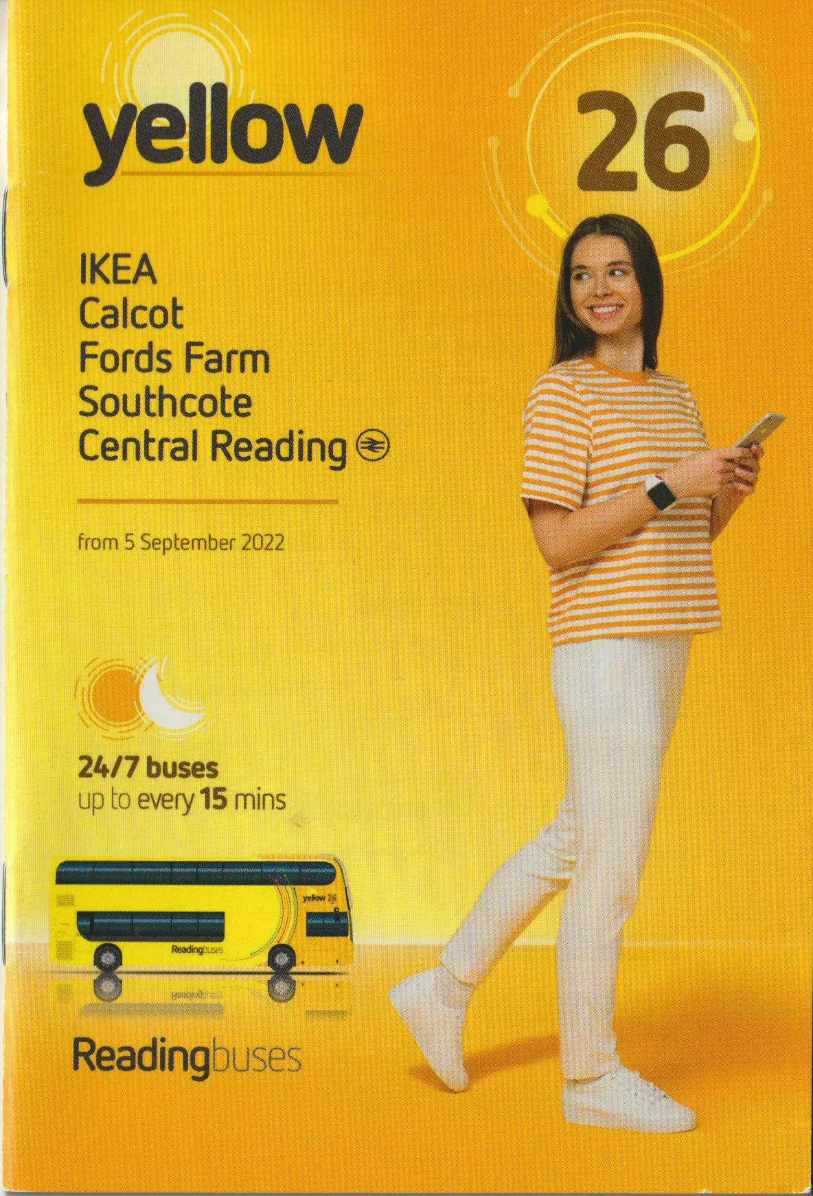 Yellow leaflet cover for route 26 listing IKEA, Calcot, Fords Farm, Southcote and Central Reading, with a photograph of a woman and a drawing of a yellow bus.