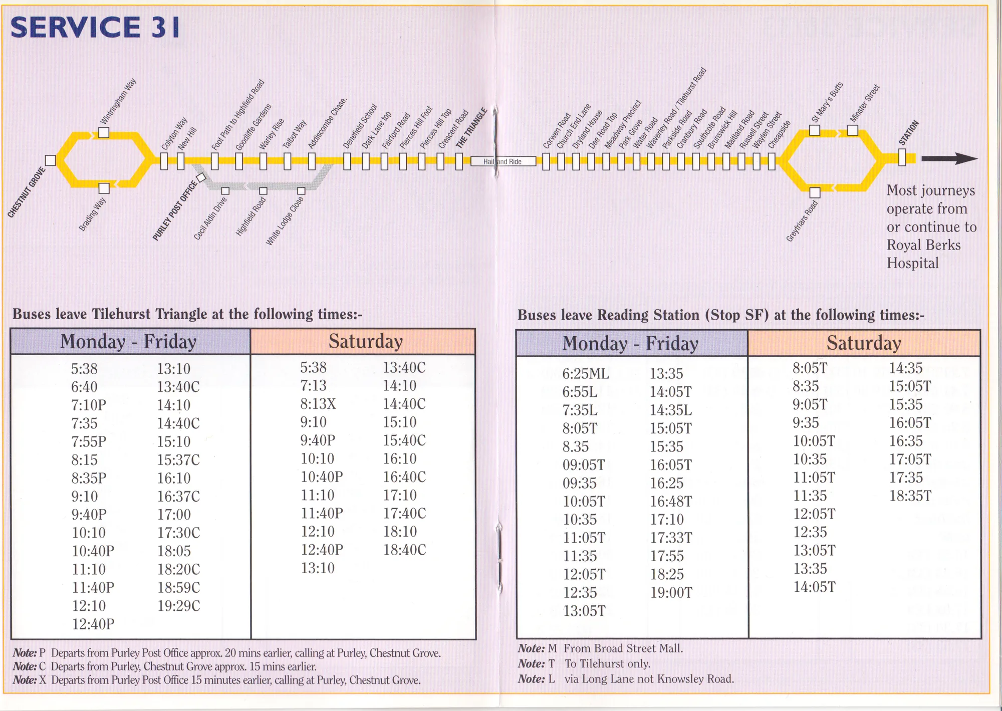 Spread headed Service 31 from the West Reading and Tilehurst bus guide: a yellow straight-line route map with angled stop names, above two tables of departure times from Tilehurst Triangle and from Reading Station, headed Monday – Friday and Saturday, with lettered notes beneath.