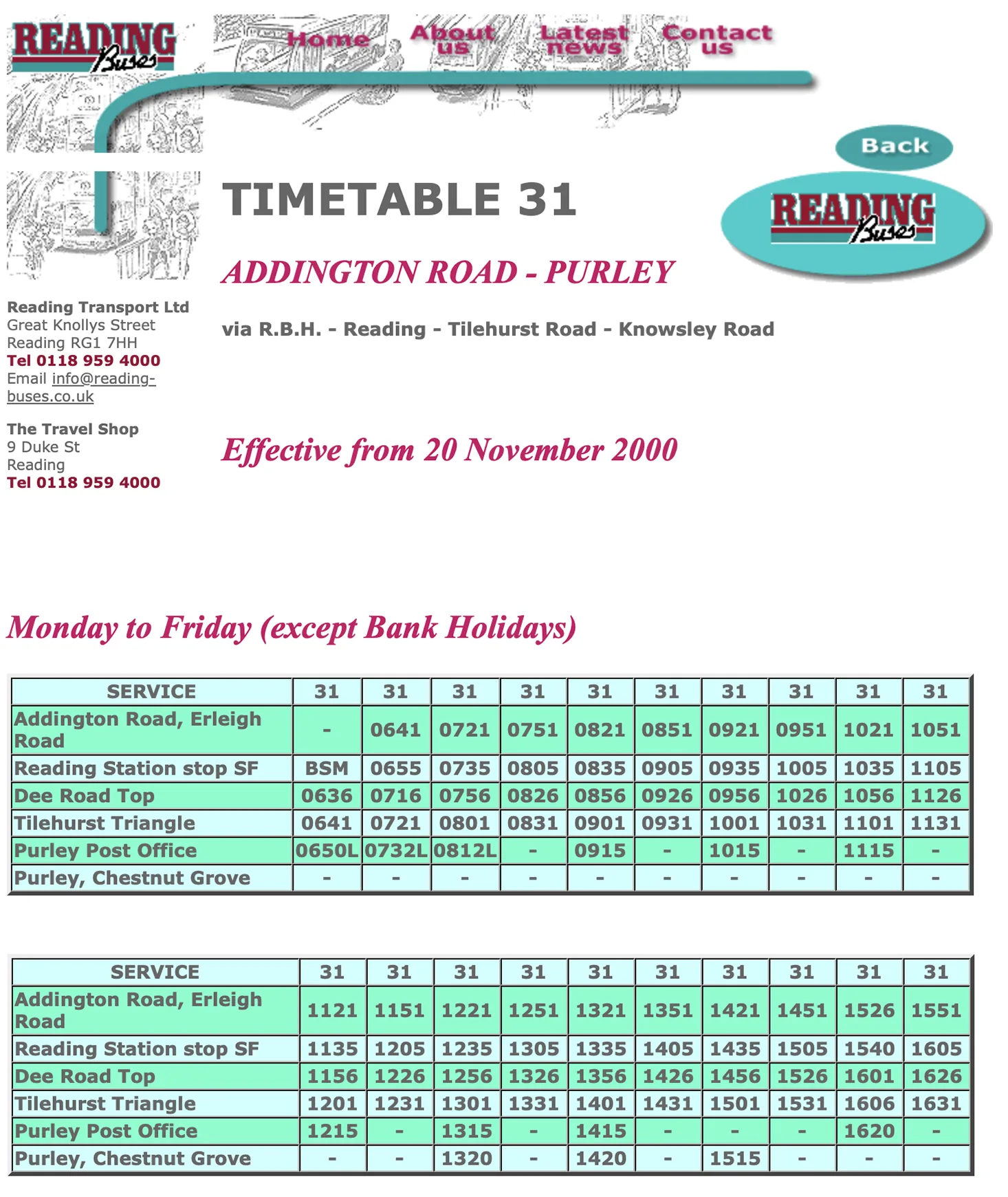 Reading Buses web page headed Timetable 31, Addington Road – Purley, effective from 20 November 2000: contact details in a left sidebar, and green tables listing six stops down the side with 24-hour times across, under the heading Monday to Friday (except Bank Holidays).